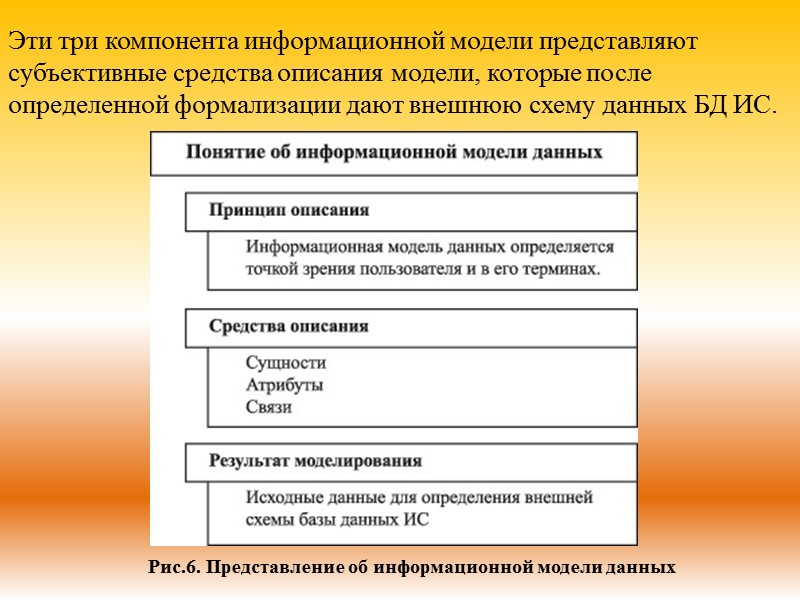 Эти три компонента информационной модели представляют субъективные средства описания модели, которые после определенной формализации